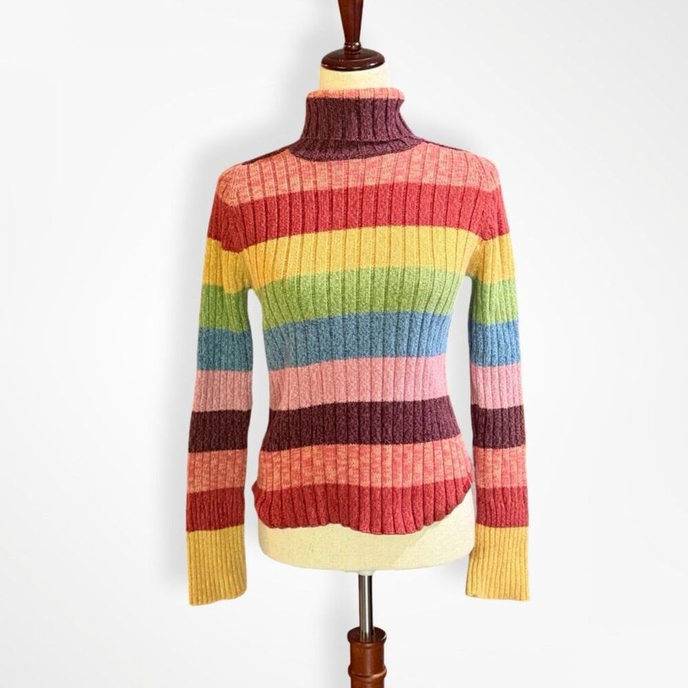 Arizona, VTG Y2K Ribbed Rainbow Striped Turtleneck 100% Cotton Sweater, L